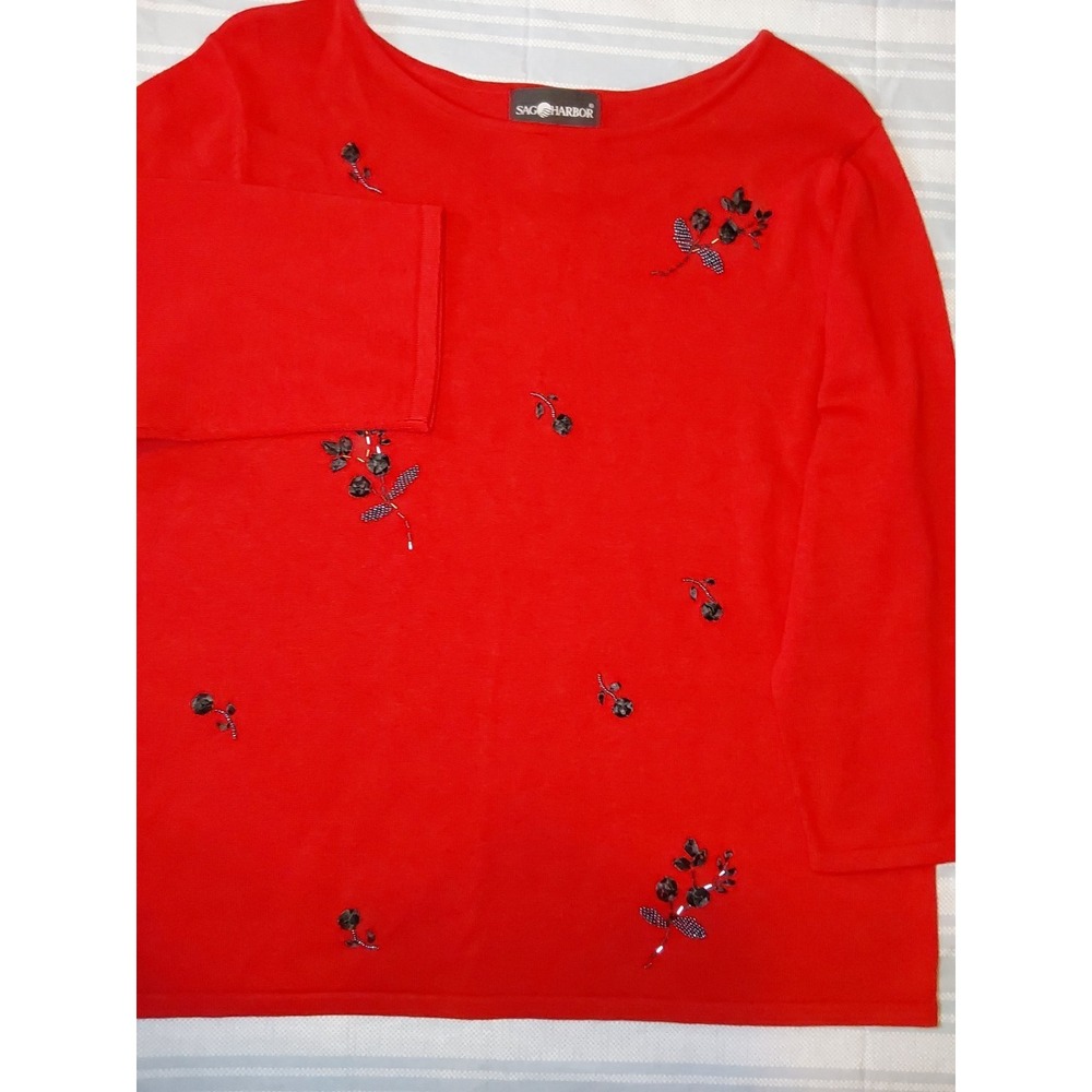 Sag Harbor Women's XL Red Beaded 3/4 Sleeve Cotton Blend Sweater - Picture 3 of 9